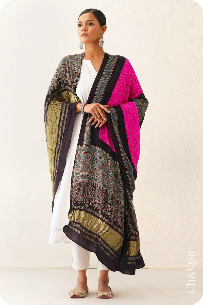 Pink Black Bandhani Ajrakh Gaji Silk Dupatta in Traditional Design for Women's ethnicwear online by Chakor.