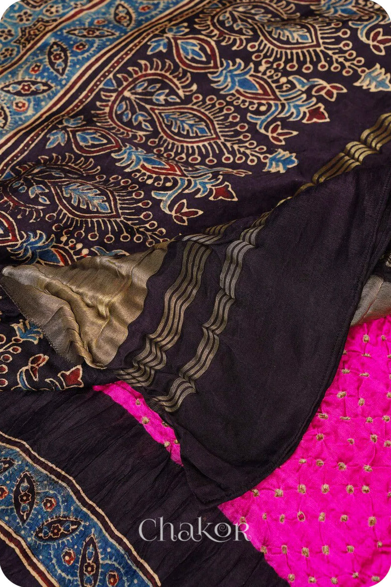 Pink Black Bandhani Ajrakh Gaji Silk Dupatta in Traditional Design for Women's ethnicwear online by Chakor.