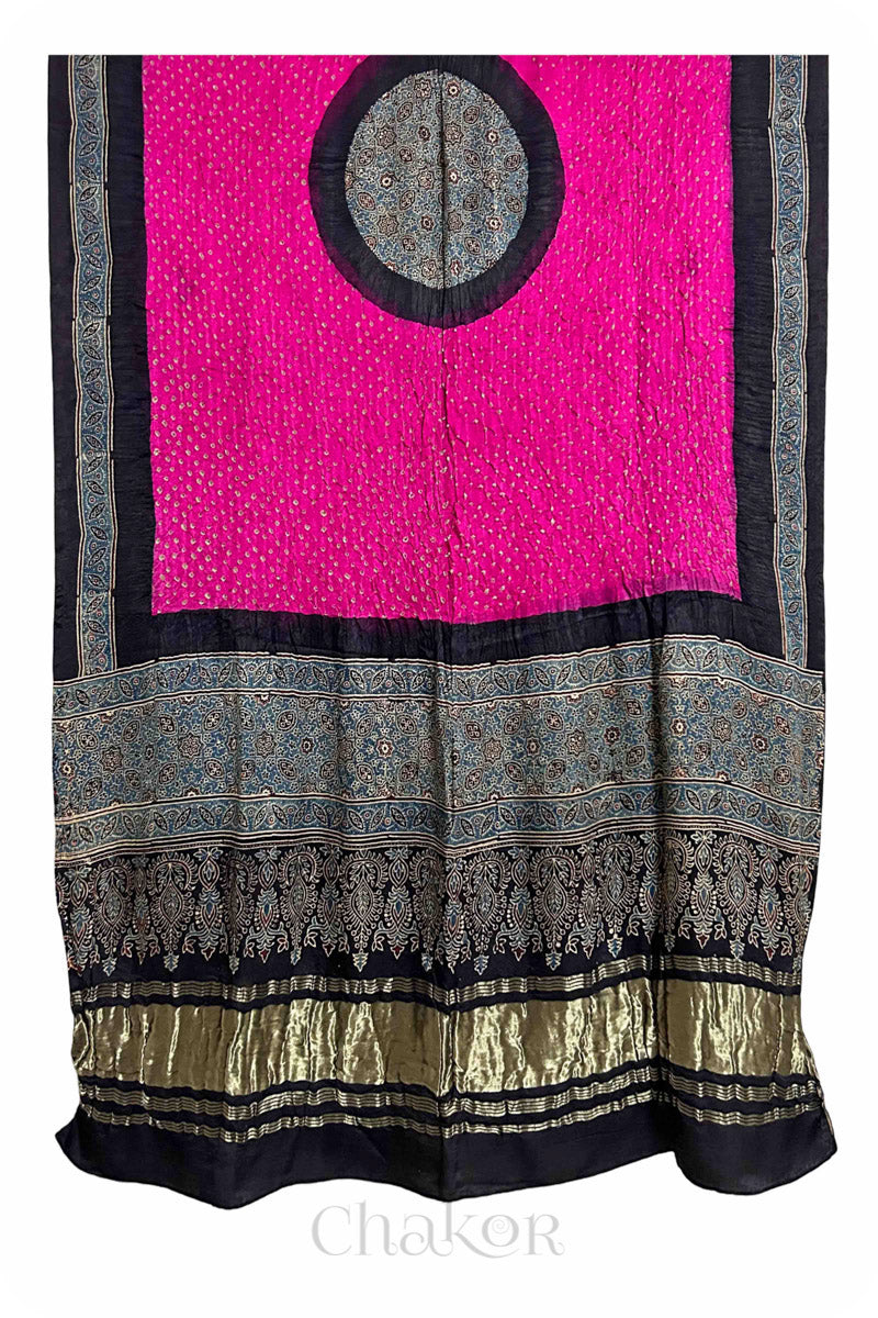 Pink Black Bandhani Ajrakh Gaji Silk Dupatta in Traditional Design for Women's ethnicwear online by Chakor.