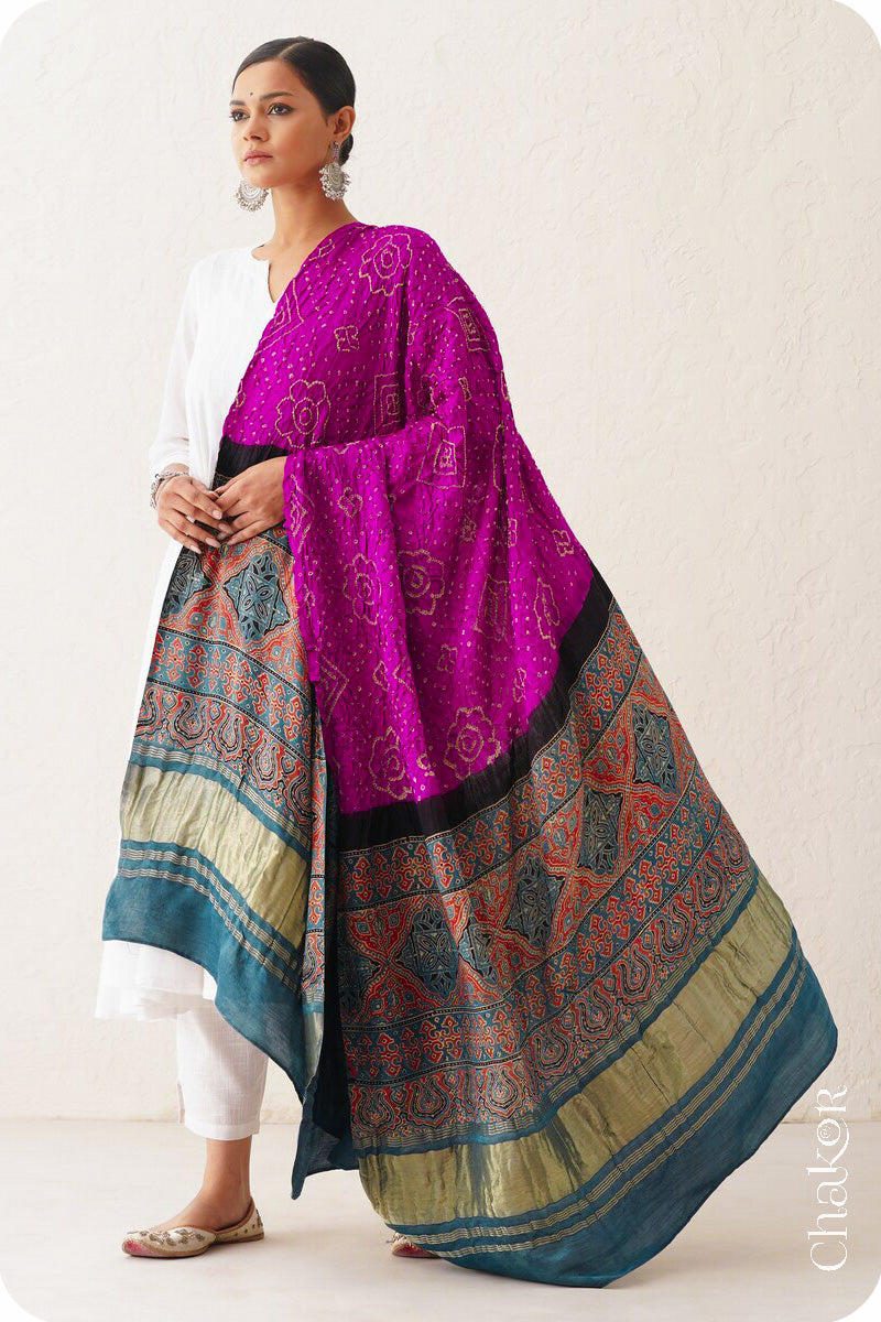 Magenta Indigo Bandhani Ajrakh Gaji Silk Dupatta in Traditional Design for Women's ethnicwear online by Chakor.