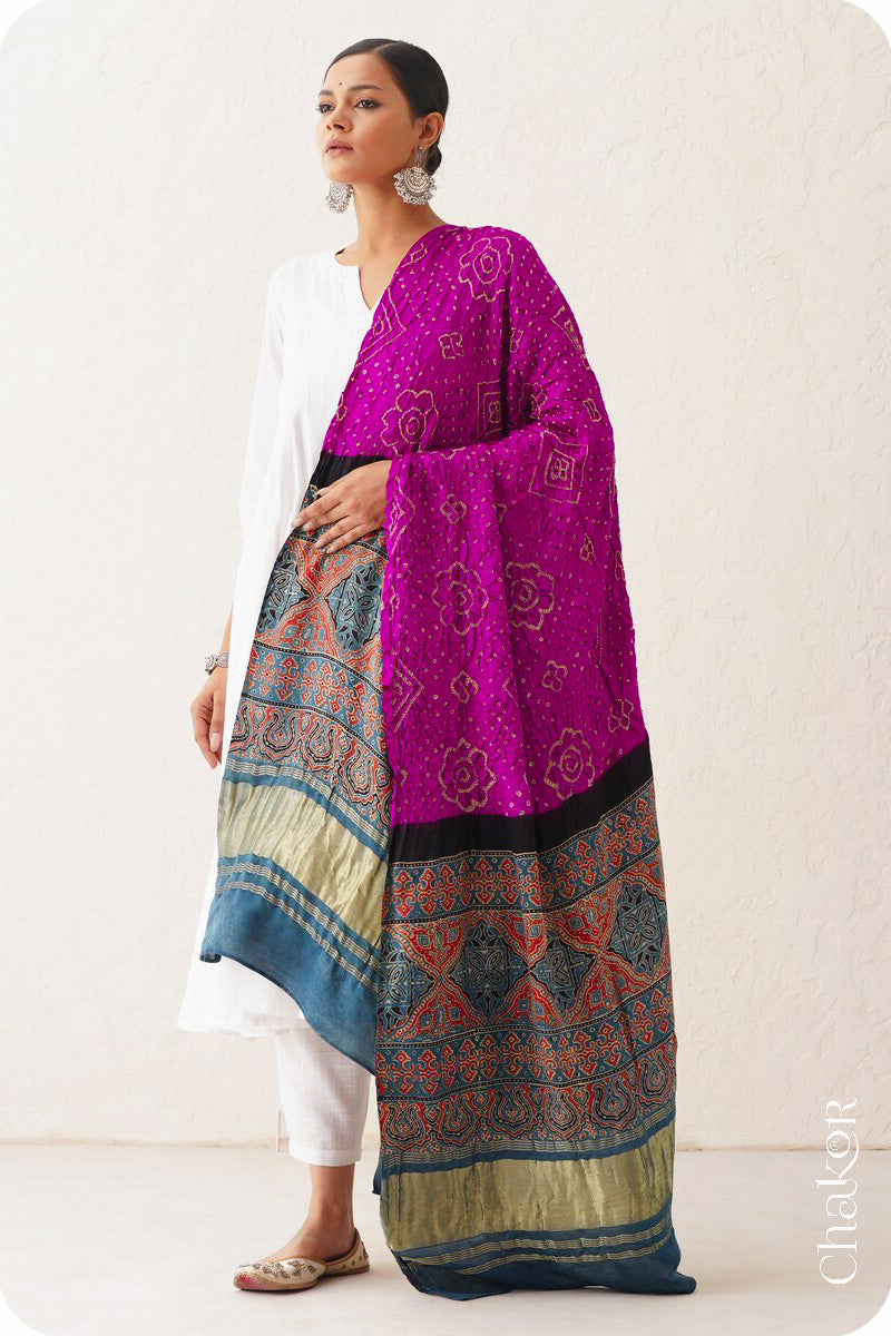 Magenta Indigo Bandhani Ajrakh Gaji Silk Dupatta in Traditional Design for Women's ethnicwear online by Chakor.