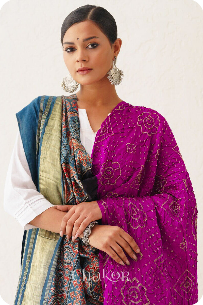 Magenta Indigo Bandhani Ajrakh Gaji Silk Dupatta in Traditional Design for Women's ethnicwear online by Chakor.