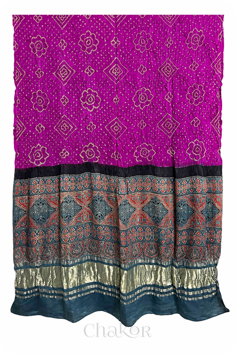 Magenta Indigo Bandhani Ajrakh Gaji Silk Dupatta in Traditional Design for Women's ethnicwear online by Chakor.