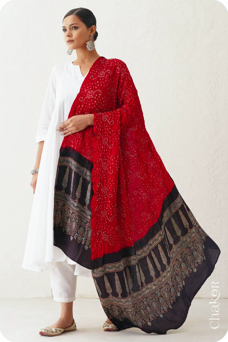 Red Black Bandhani Ajrakh Gaji Silk Dupatta in Traditional Design for Women's ethnicwear online by Chakor.