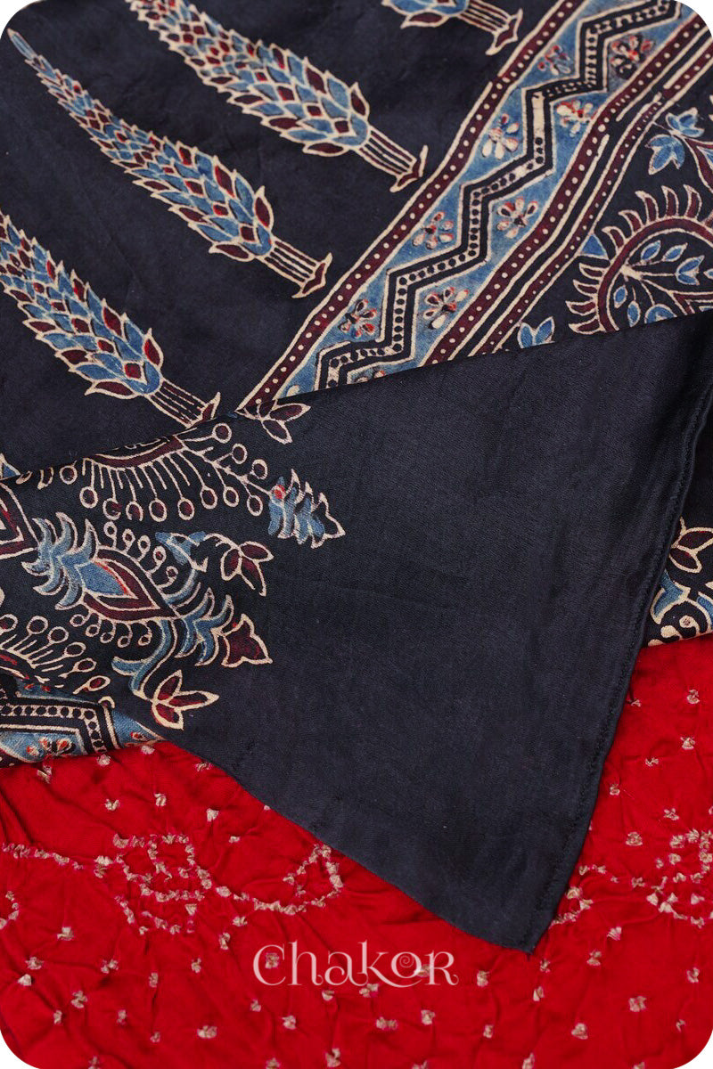 Red Black Bandhani Ajrakh Gaji Silk Dupatta in Traditional Design for Women's ethnicwear online by Chakor.