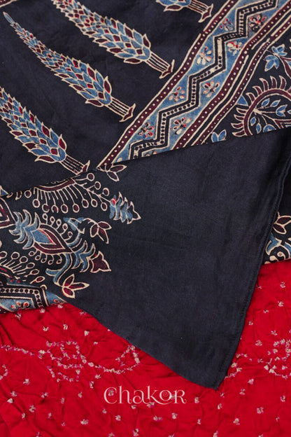 Red Black Bandhani Ajrakh Gaji Silk Dupatta in Traditional Design for Women's ethnicwear online by Chakor.