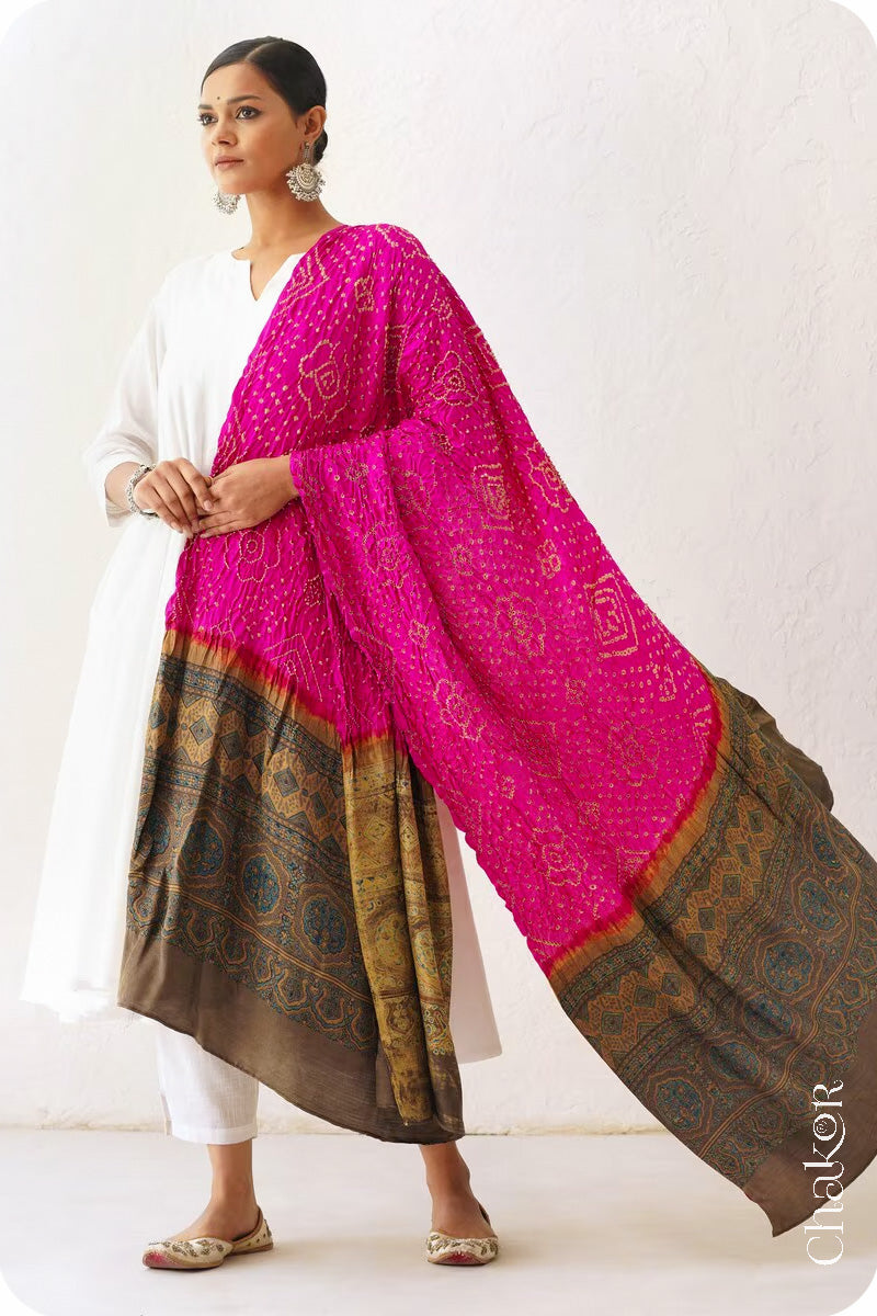 Pink Ochre Bandhani Ajrakh Gaji Silk Dupatta in Traditional Design for Women's ethnicwear online by Chakor.