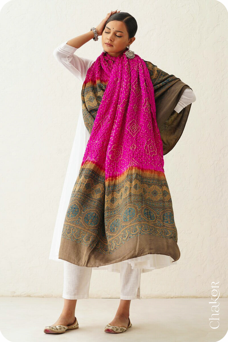 Pink Ochre Bandhani Ajrakh Gaji Silk Dupatta in Traditional Design for Women's ethnicwear online by Chakor.