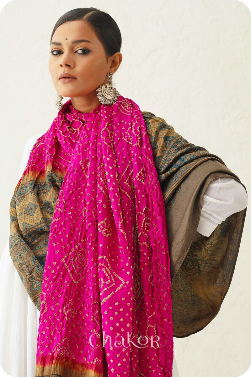 Pink Ochre Bandhani Ajrakh Gaji Silk Dupatta in Traditional Design for Women's ethnicwear online by Chakor.