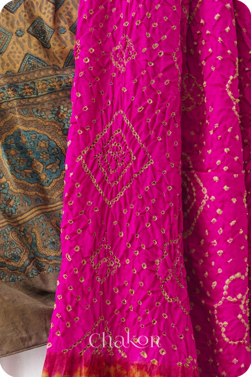 Pink Ochre Bandhani Ajrakh Gaji Silk Dupatta in Traditional Design for Women's ethnicwear online by Chakor.