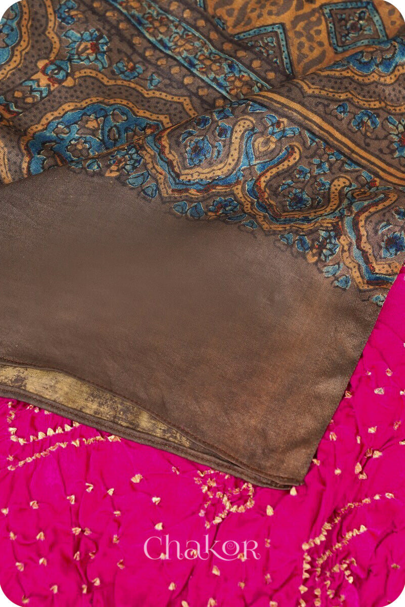 Pink Ochre Bandhani Ajrakh Gaji Silk Dupatta in Traditional Design for Women's ethnicwear online by Chakor.