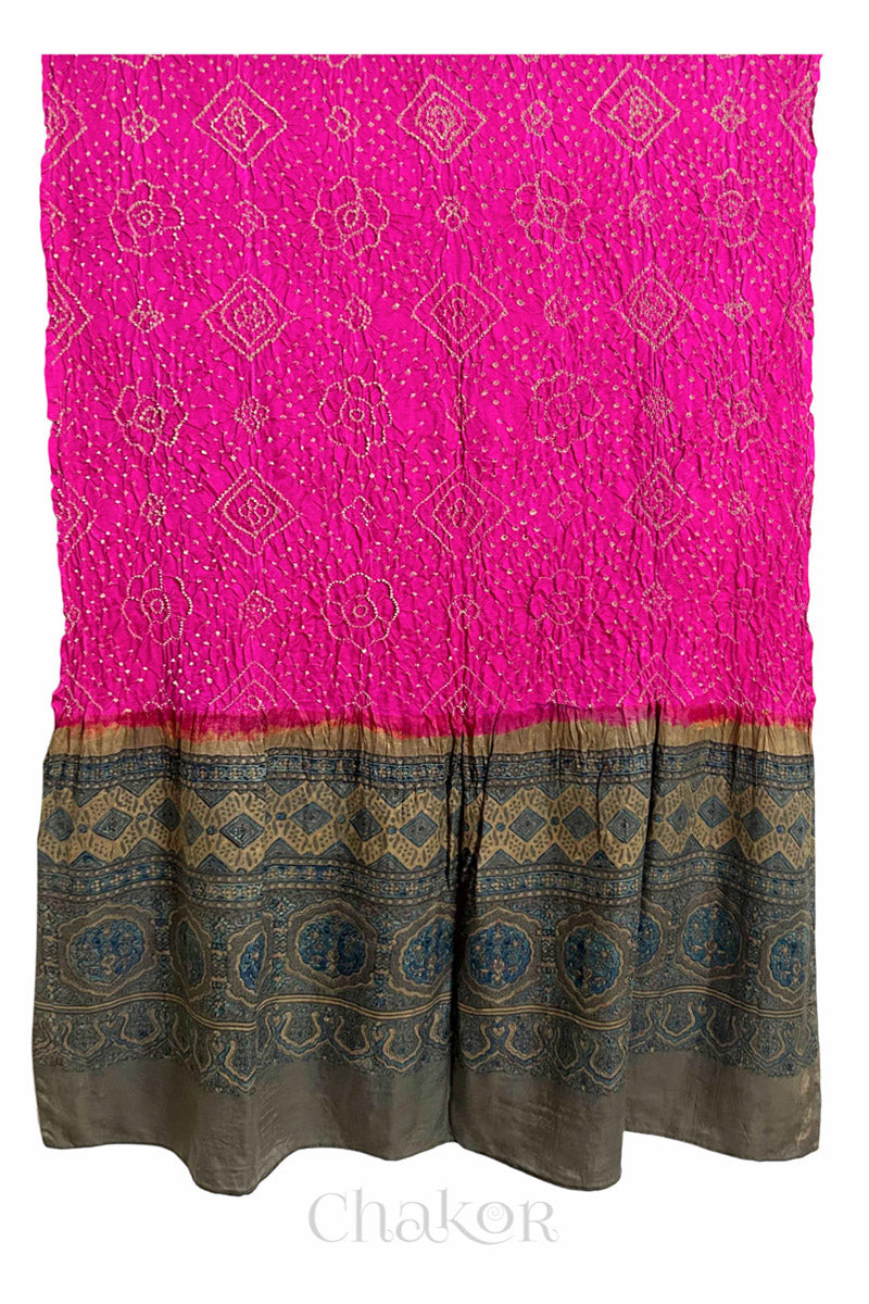 Pink Ochre Bandhani Ajrakh Gaji Silk Dupatta in Traditional Design for Women's ethnicwear online by Chakor.