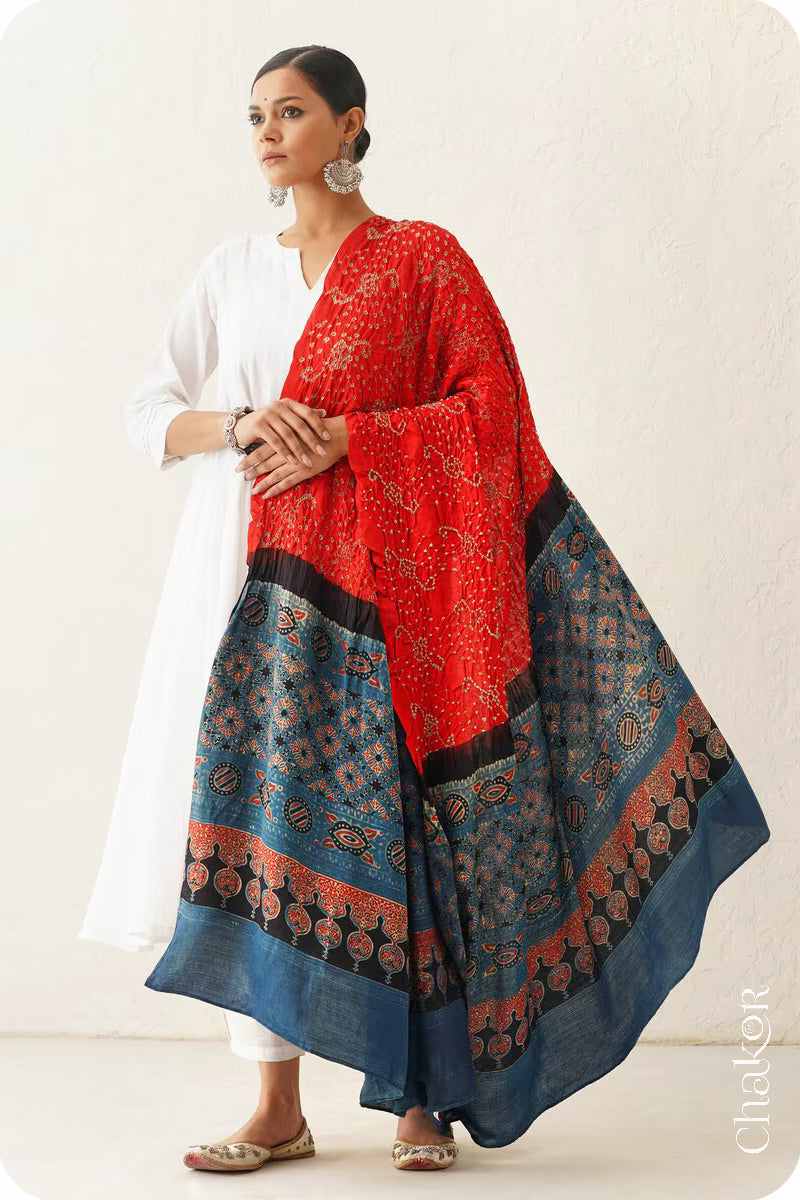 Orange Indigo Bandhani Ajrakh Silk Dupatta in Traditional Design for Women's ethnicwear online by Chakor.