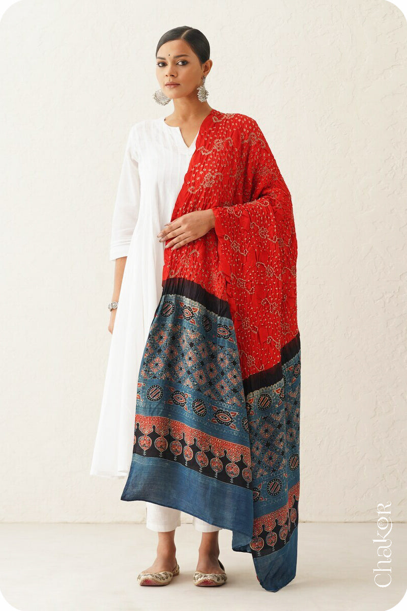 Orange Indigo Bandhani Ajrakh Silk Dupatta in Traditional Design for Women's ethnicwear online by Chakor.