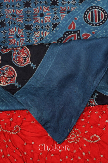 Orange Indigo Bandhani Ajrakh Silk Dupatta in Traditional Design for Women's ethnicwear online by Chakor.