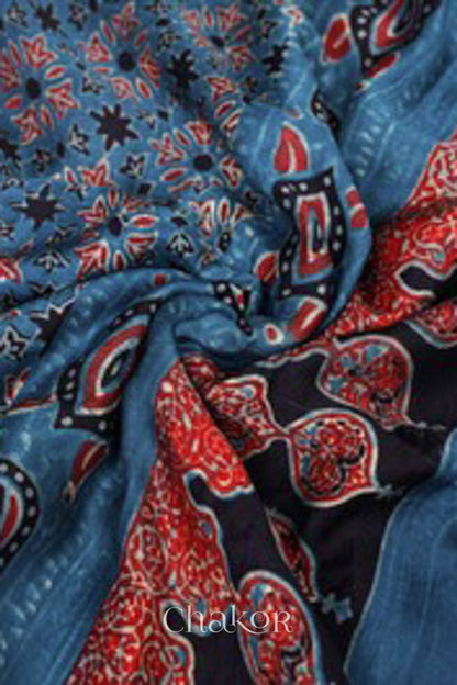 Orange Indigo Bandhani Ajrakh Silk Dupatta in Traditional Design for Women's ethnicwear online by Chakor.