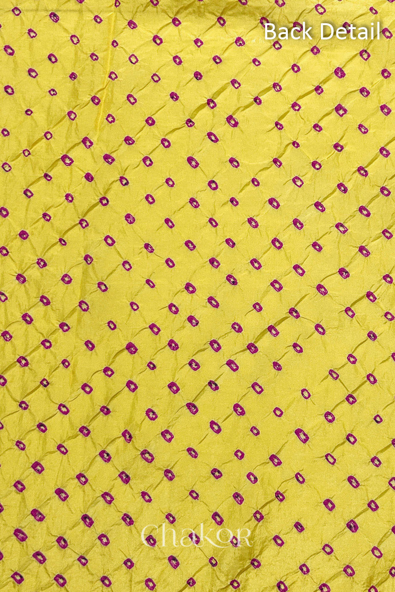 Back detail of Yellow mulberry silk Bandhani (Rai Bandhej) fabric with rani pink tie-dye dots in an all-over pattern – CHAKOR.
