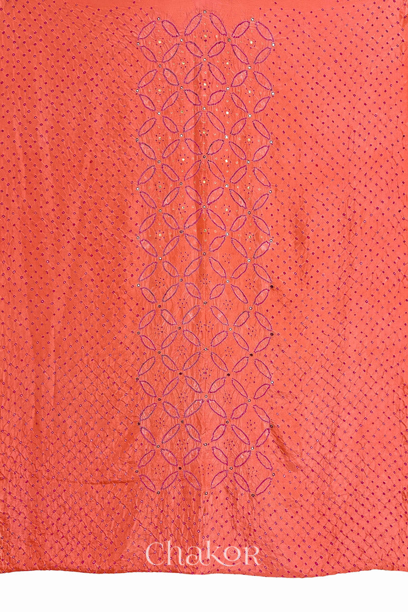 Full fabric panel of Coral pink mulberry silk Bandhani (Rai Bandhej) with all-over rani pink dots and a floral border with pink with zari mirror & sequins embroidery – CHAKOR.
