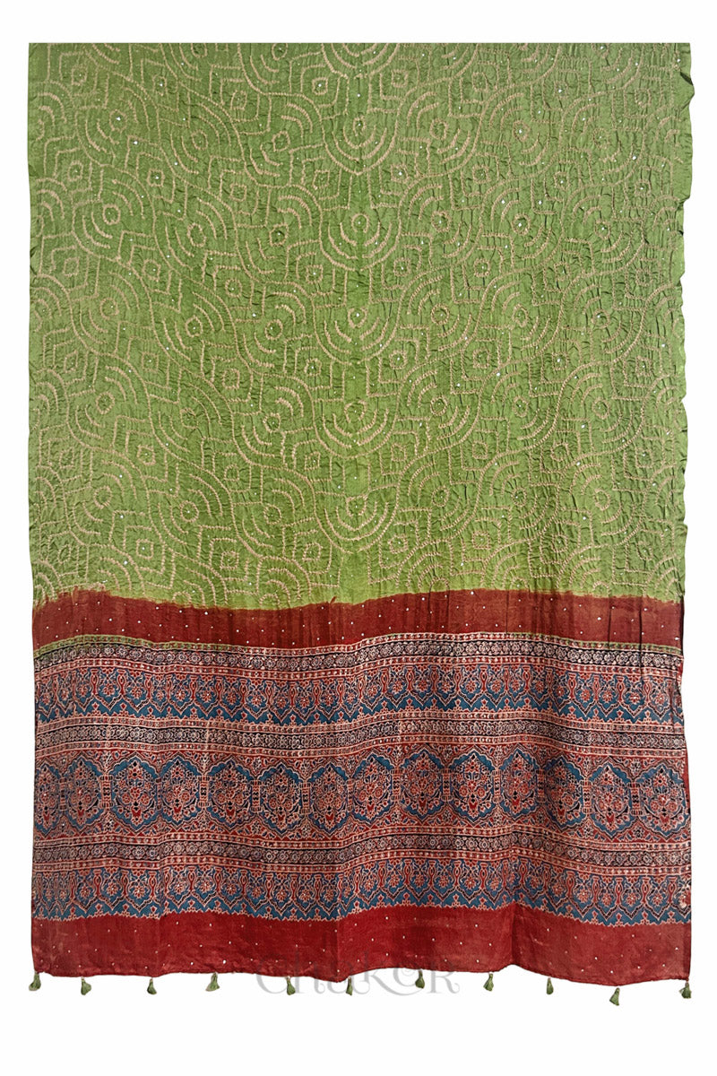 Full-length flat view of leaf green Bandhani gaji silk dupatta with Ajrakh border and pallu.
