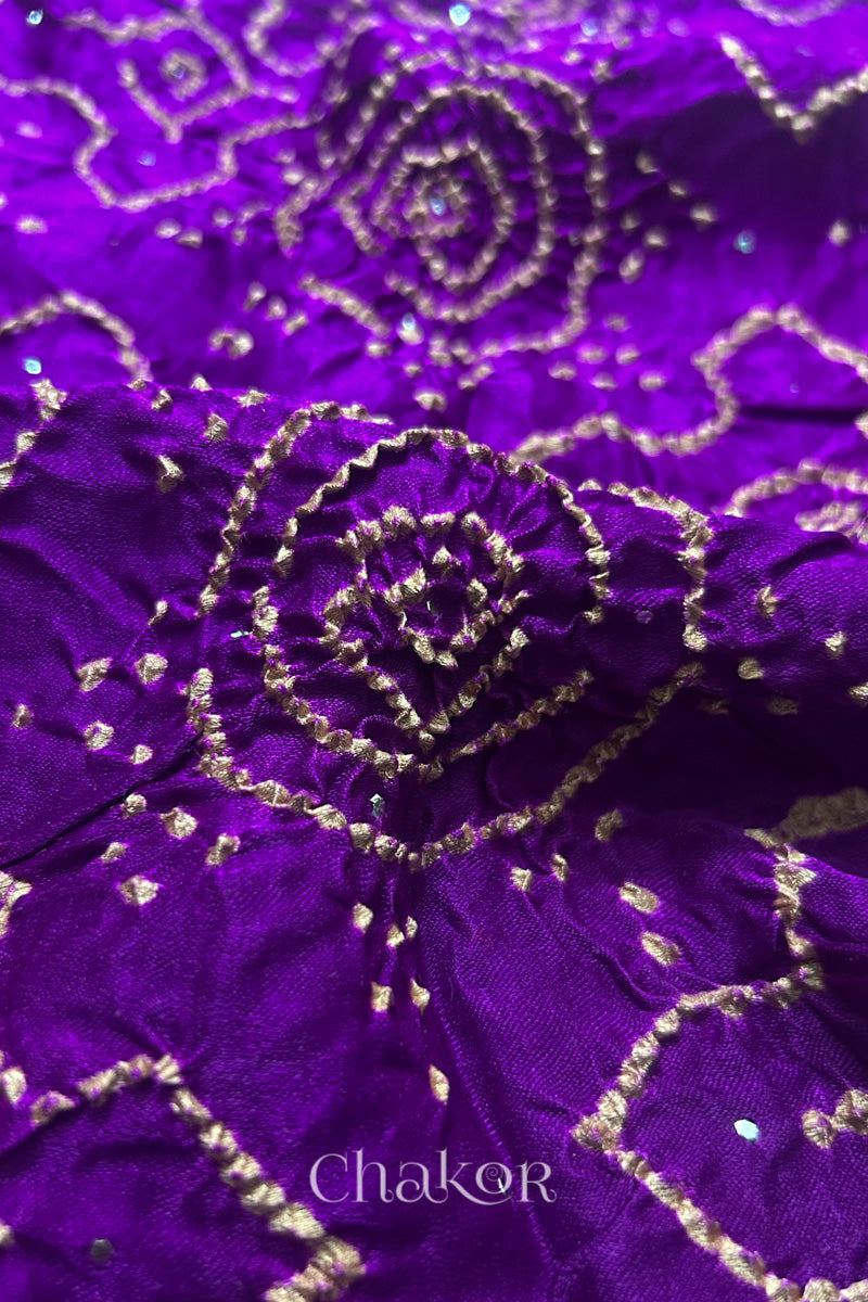 Close-up of purple Bandhani tie-dye pattern on gaji silk dupatta with mukaish dot embellishment.