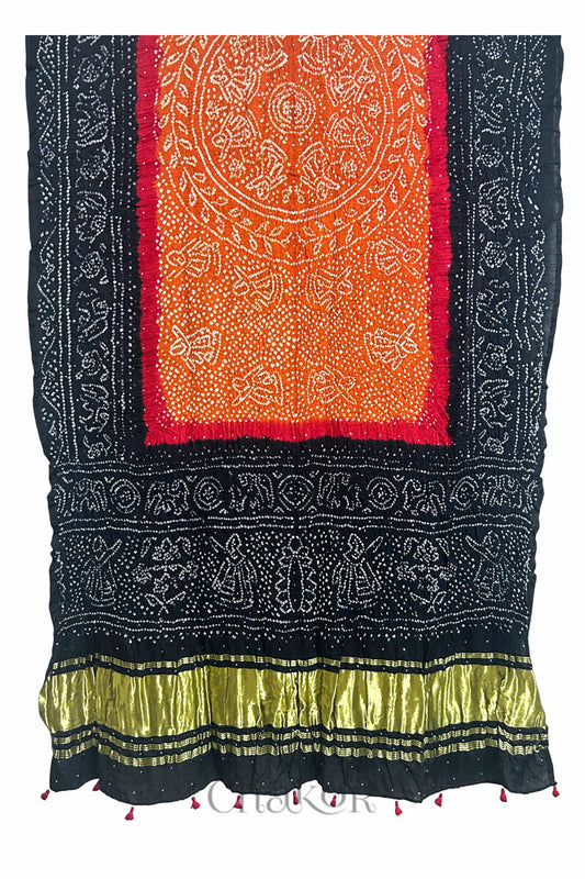 Rust Orange Black Bandhani Gaji Silk Dupatta
