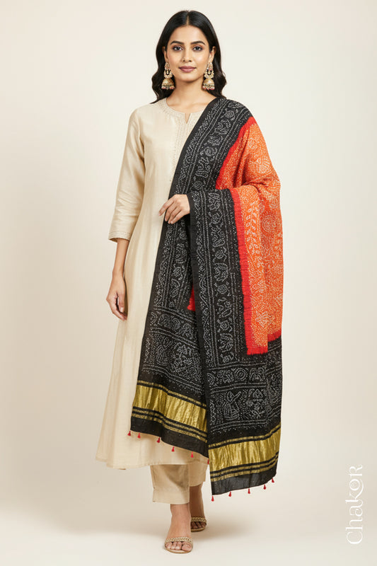 Rust Orange Black Bandhani Gaji Silk Dupatta