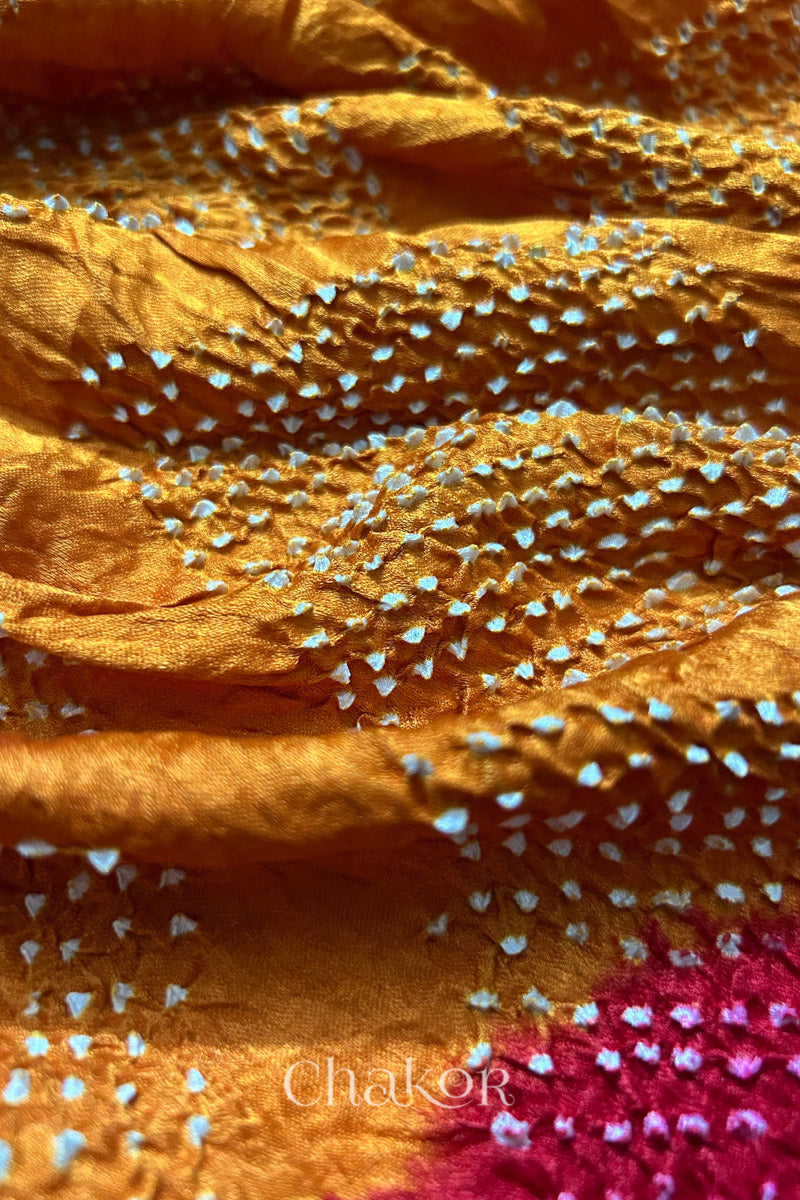 Close-up of a rai bandhej dupatta with red accents along with mustard yellow featuring pearl-like bandhani dots.