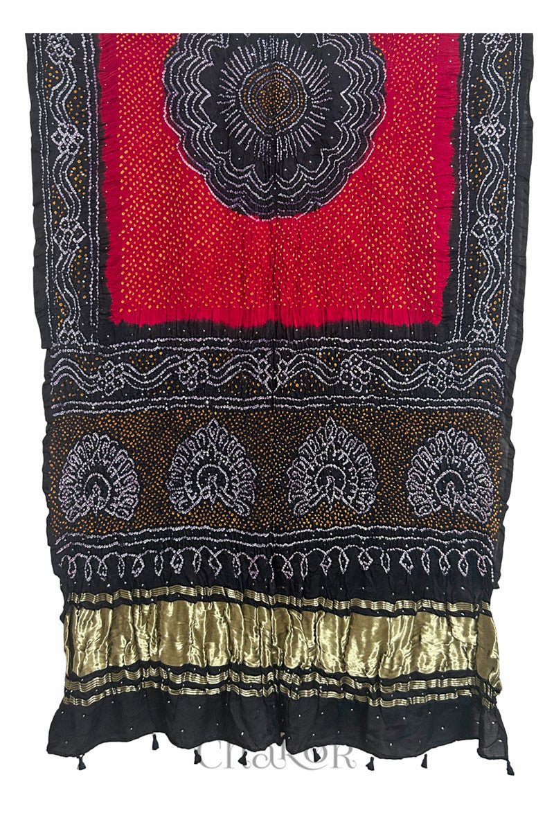 Full view of Red black bandhani gaji silk dupatta mukaish tassels handcrafted in kutch - CHAKOR.