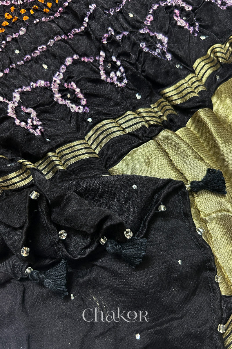 Close-up of Red black bandhani gaji silk dupatta with mukaish embroidery & tassels handcrafted in kutch - CHAKOR.