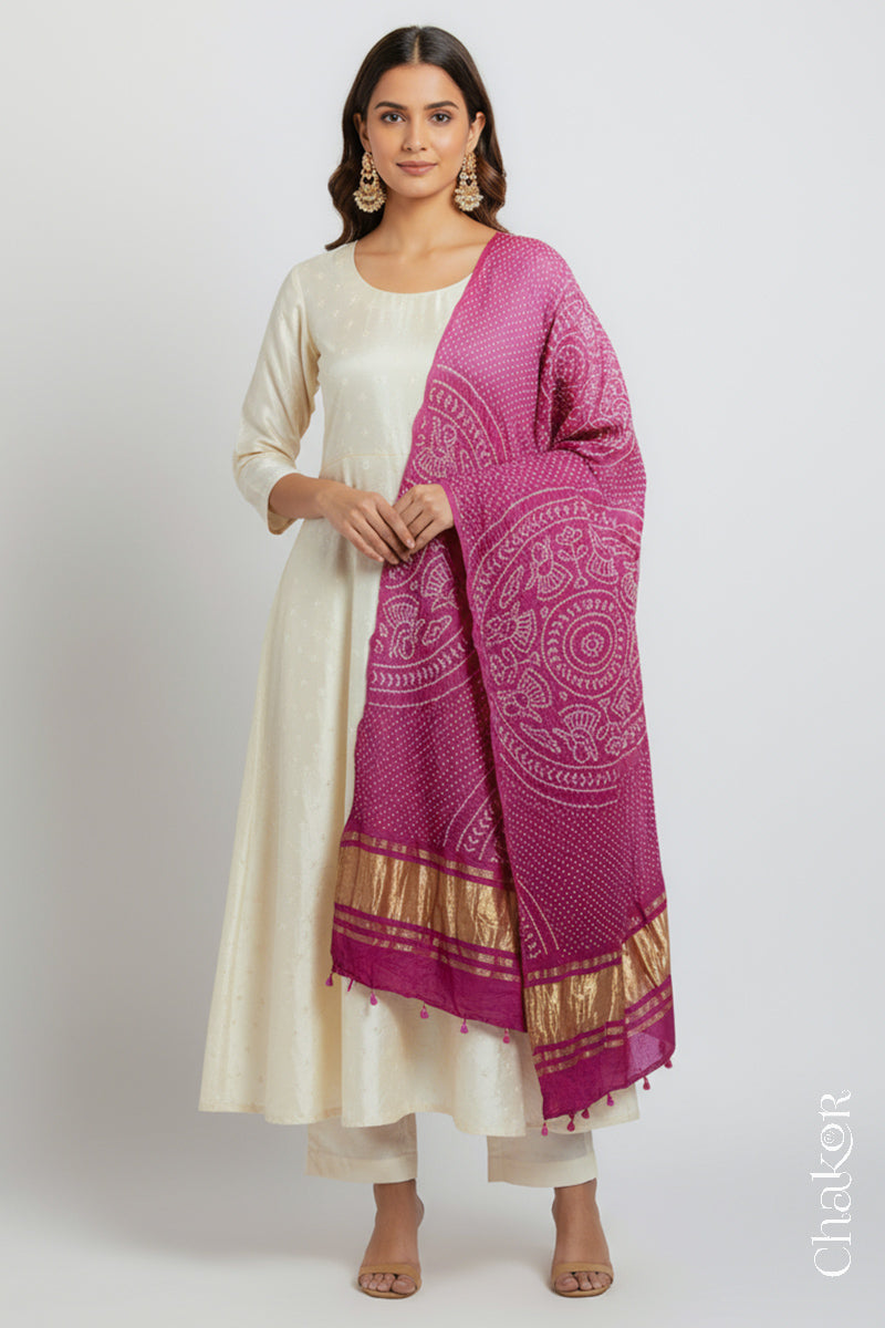 A woman in a beige ethnic outfit, wearing a colorful rai bandhej dupatta in pink ombre with golden zari pallu, stands gracefully against a light background.Text reads Chakor brand watermark.
