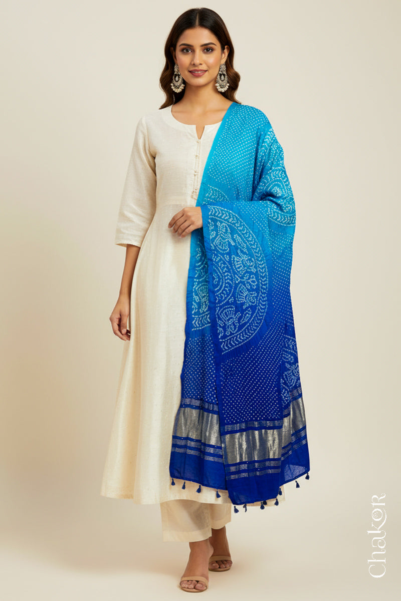 A woman in a beige ethnic outfit, wearing a colorful rai bandhej dupatta in blue ombre with golden zari pallu, stands gracefully against a light background.Text reads Chakor brand watermark.
