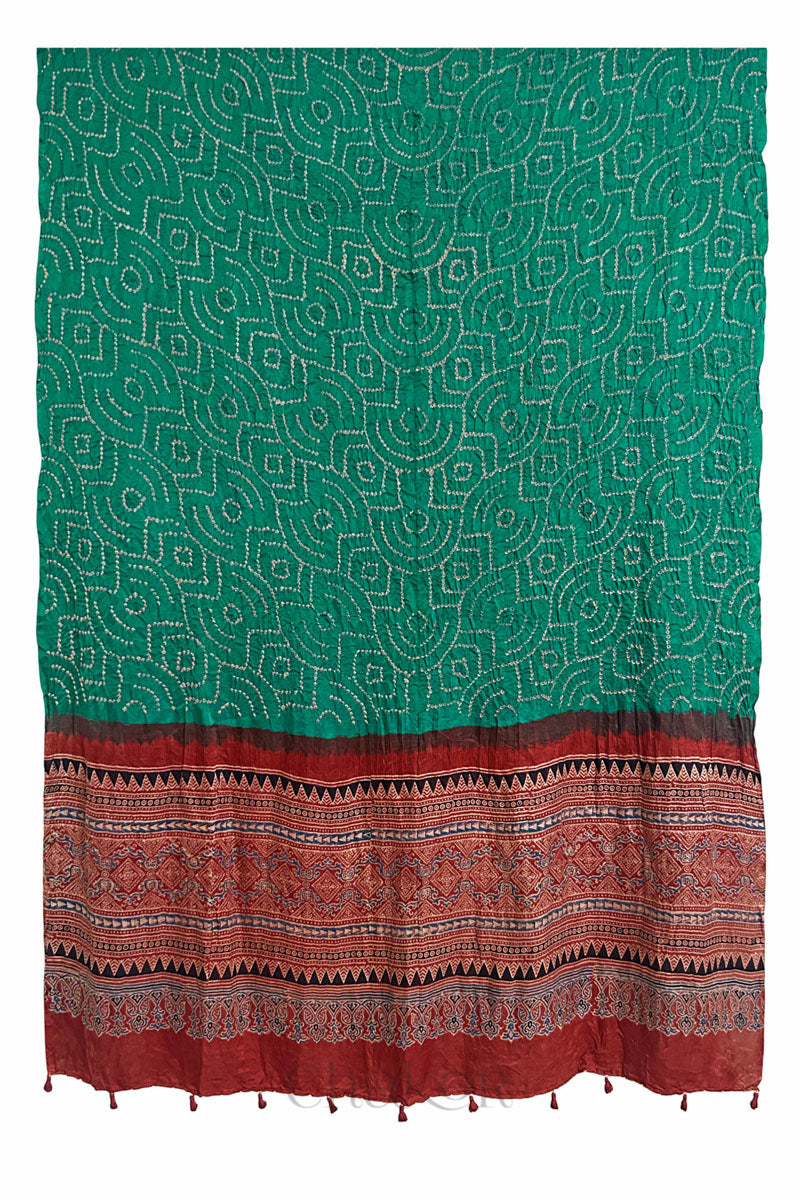 Full-length flat view of jade green Bandhani gaji silk dupatta with Ajrakh border and pallu.