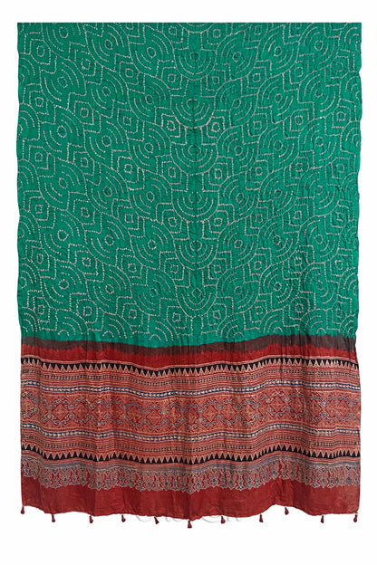 Full-length flat view of jade green Bandhani gaji silk dupatta with Ajrakh border and pallu.