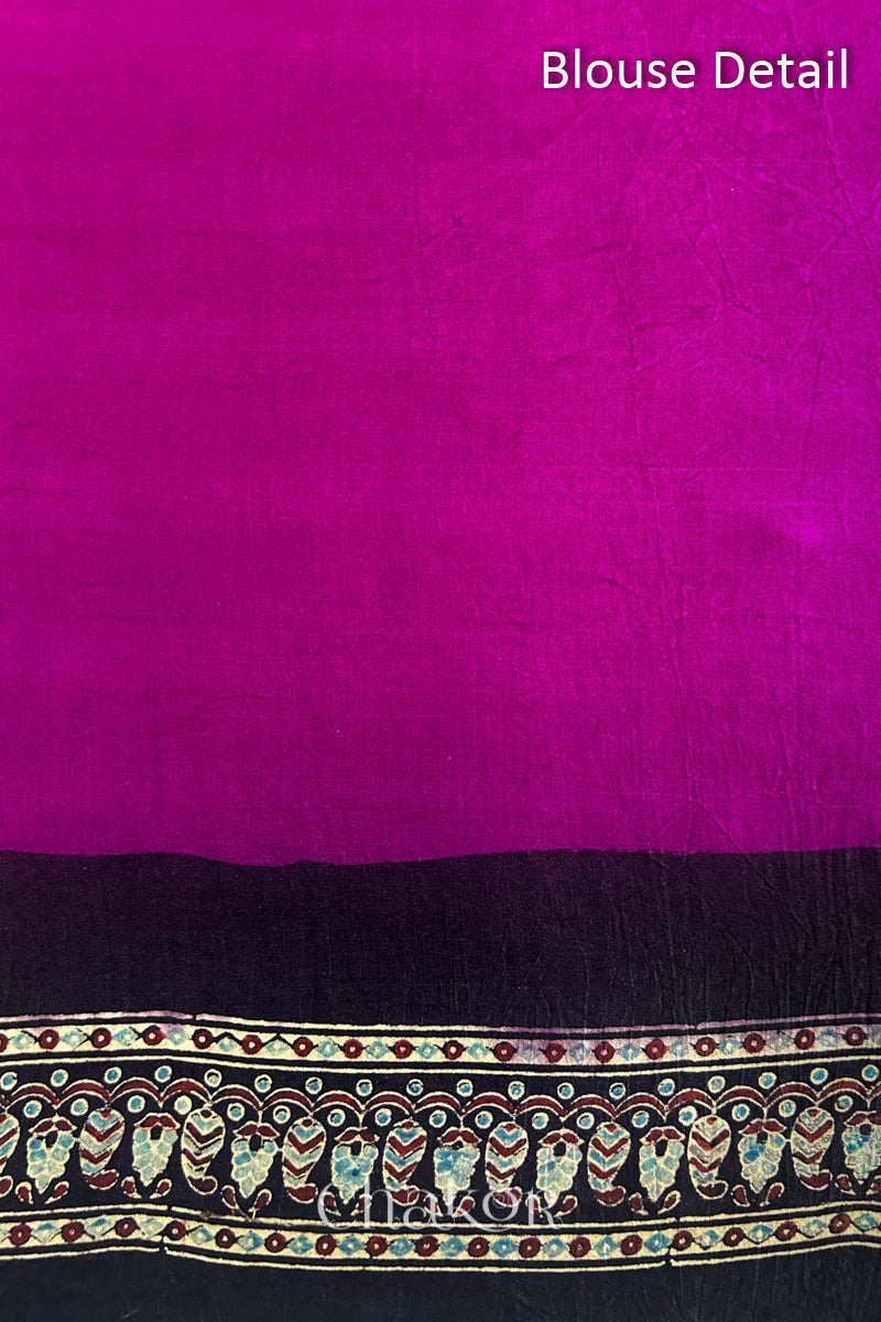 Blouse Material of Magenta Bandhani Saree with Natural Black Ajrakh printed border and pallu in pure gaji silk with traditional bandhej tie-dye & mukaish embroidery, handcrafted in Kutch. 