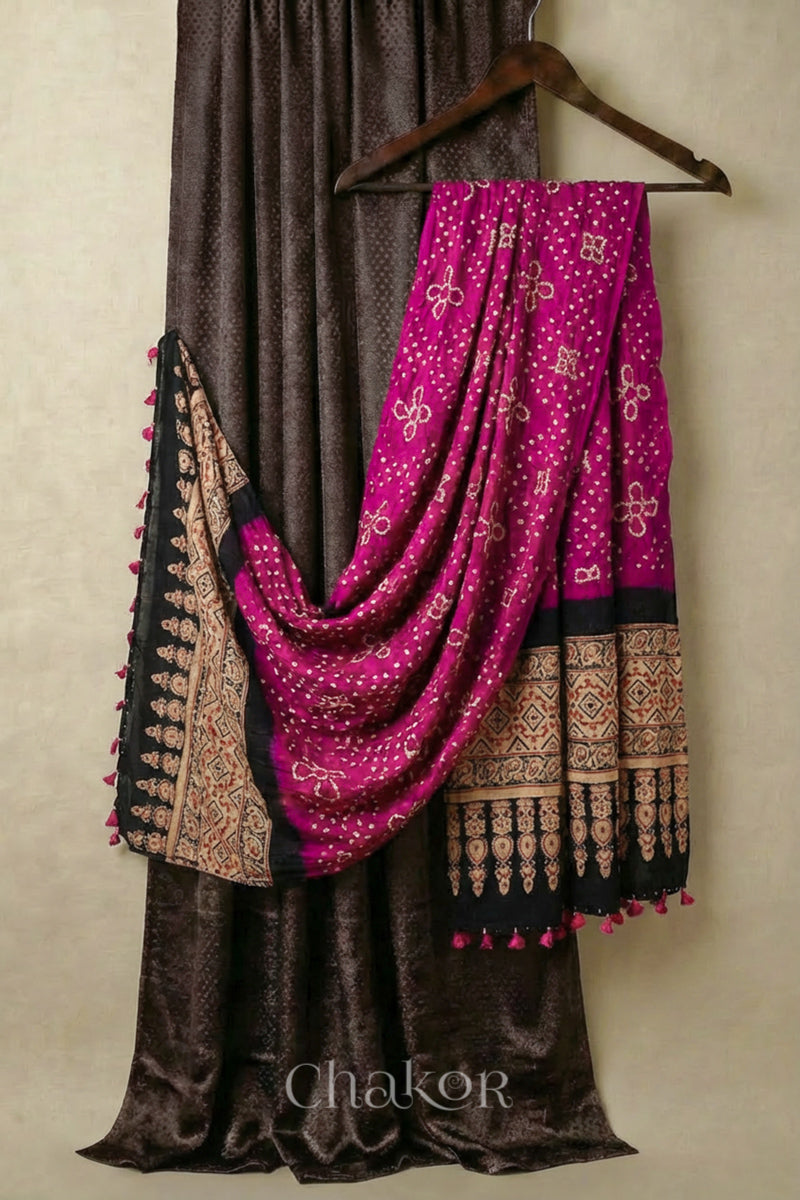 Coffee brown mashru kurta set fabric with pink bandhani gaji silk dupatta featuring ajrakh printed pallu