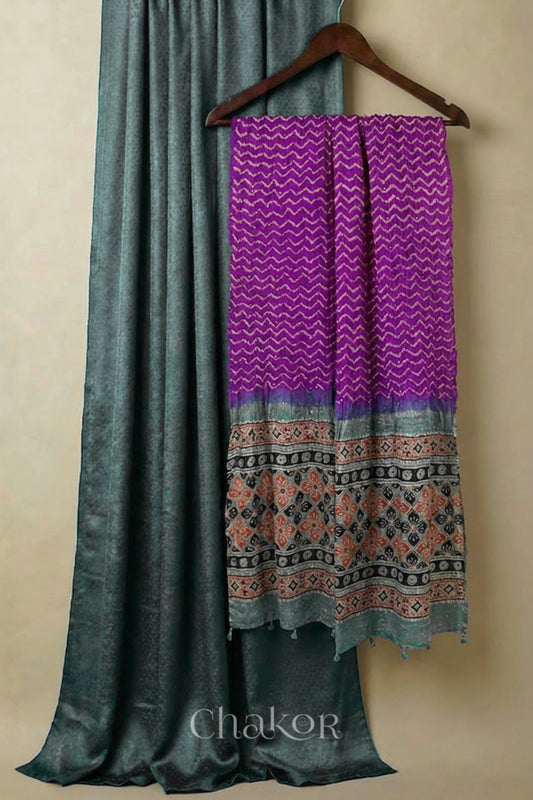 Charcoal Grey Mashru Kurta Fabric with Bandhani Silk Dupatta