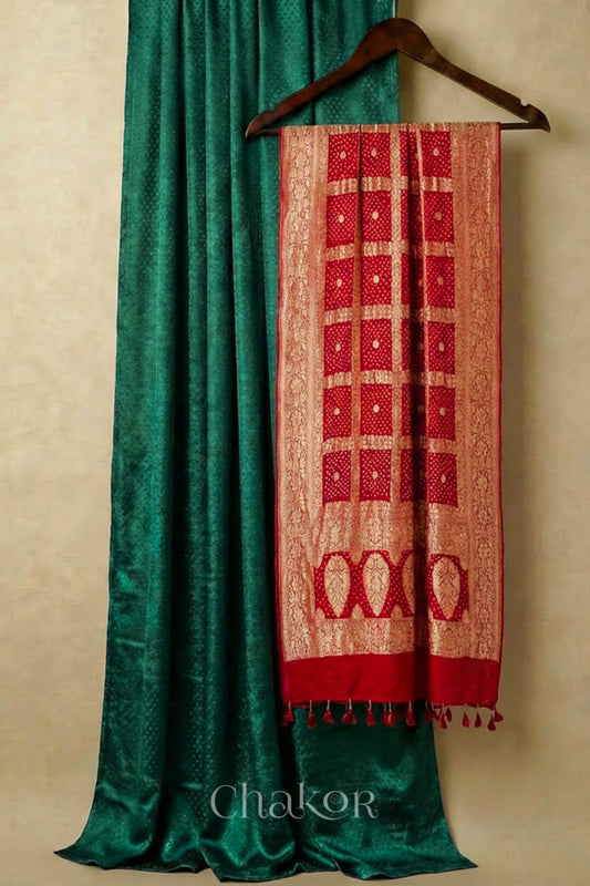 Dark Green Mashru Kurta Set Fabric with Bandhani Silk Dupatta