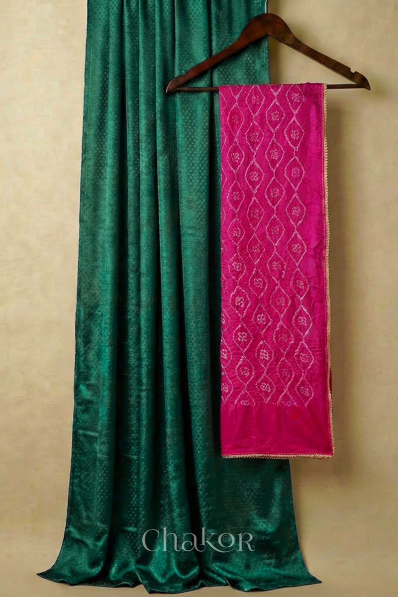 Dark Green Mashru Kurta Set Fabric with Bandhani Silk Dupatta