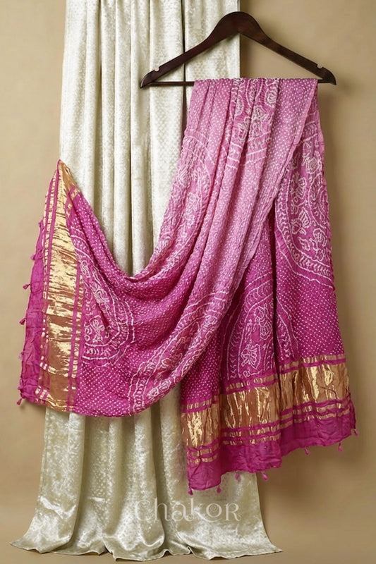 Off white mashru silk kurta set fabric with Pink ombre bandhani  gaji silk dupatta featuring zari pallu & tassels.