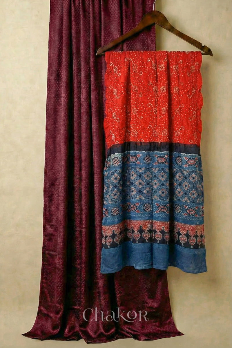 Maroon Mashru Kurta Set Fabric with Bandhani Silk Dupatta
