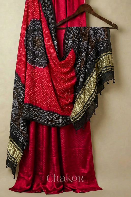 Red Mashru Kurta Set Fabric with Bandhani Silk Dupatta