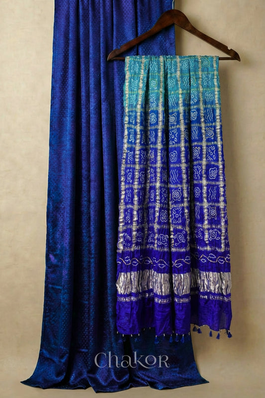 Royal Blue Mashru Kurta Set Fabric with Bandhani Silk Dupatta