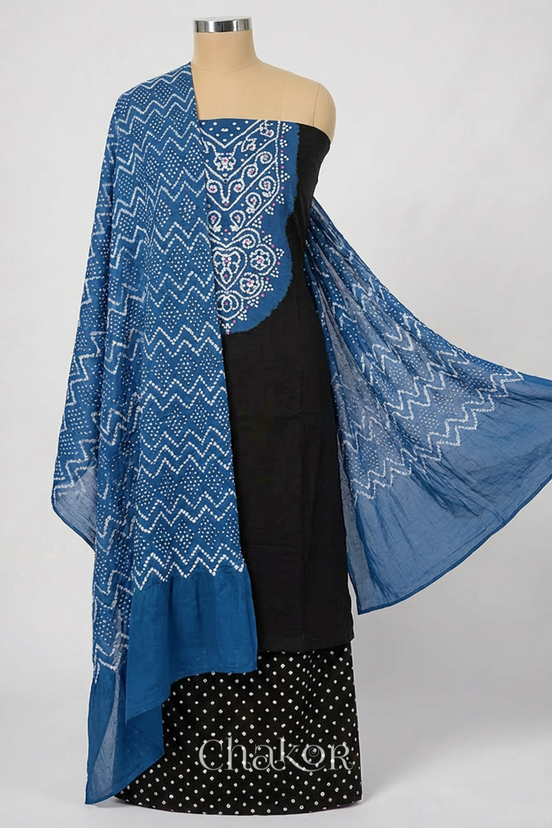 Black Indigo Bandhani Mirror Embroidered Cotton Kurta Fabric with Dupatta (Set of 3) draped on a mannequin.