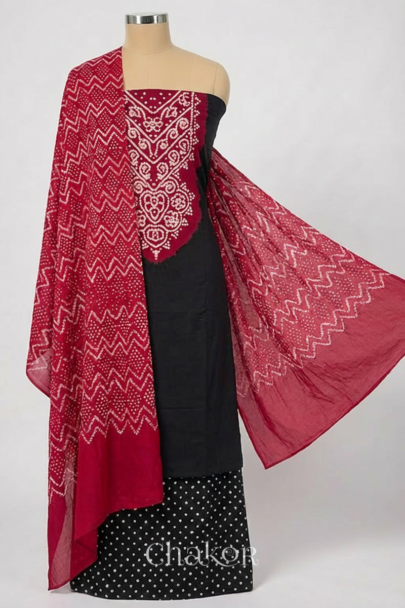 Black Red Bandhani Mirror Embroidered Cotton Kurta Fabric with Dupatta (Set of 3) draped on a mannequin.