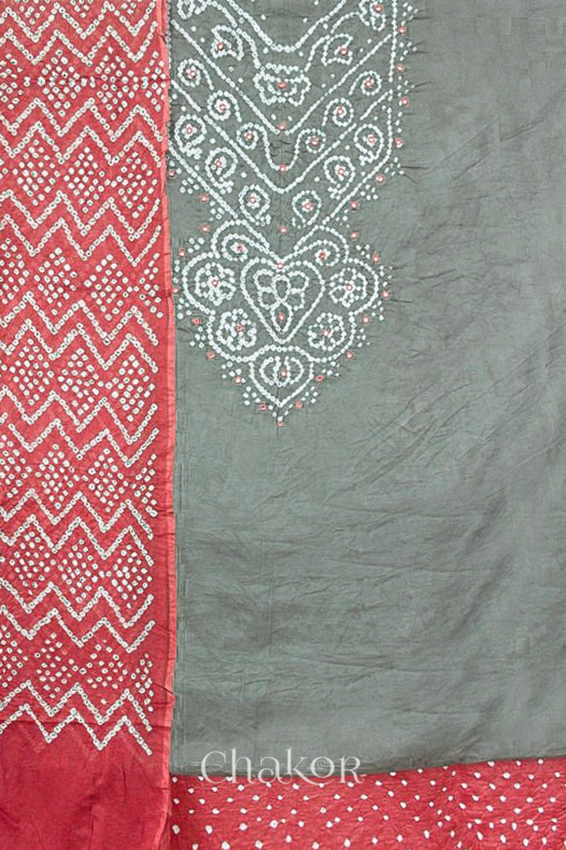 Chakor's Cement grey & dusty Red Bandhani Cotton embroidered Kurta Fabric With Dupatta. 