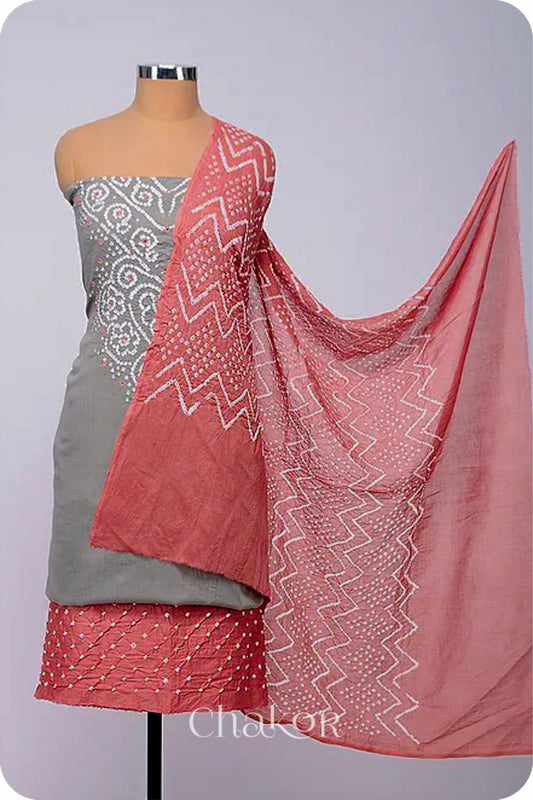 Chakor's Cement grey & dusty Red Bandhani Cotton embroidered Kurta Fabric With Dupatta. 