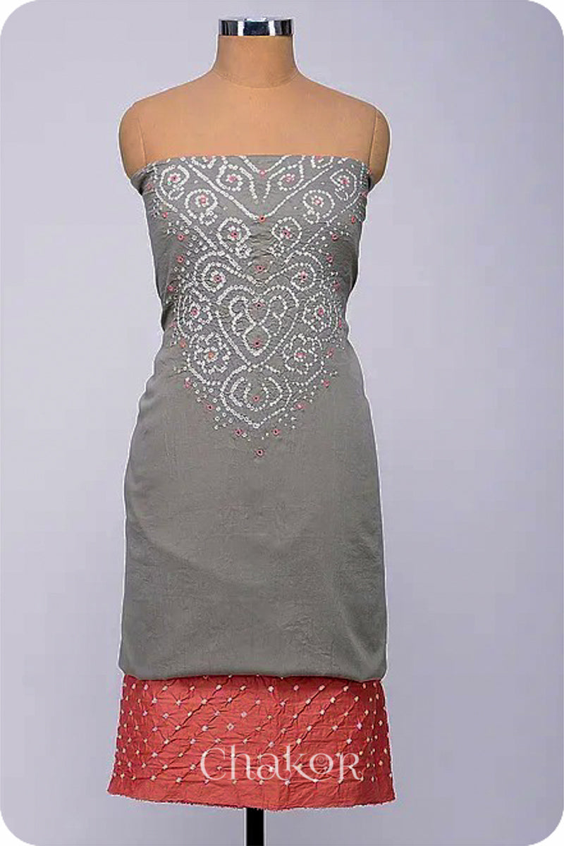 Chakor's Cement grey & dusty Red Bandhani Cotton embroidered Kurta Fabric With Dupatta. 