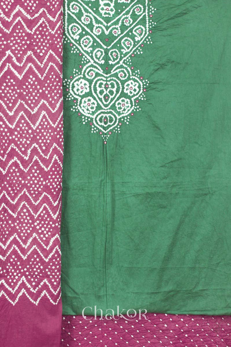 Chakor's Moss Green & Plum Pink Bandhani Cotton embroidered Kurta Fabric With Dupatta. 