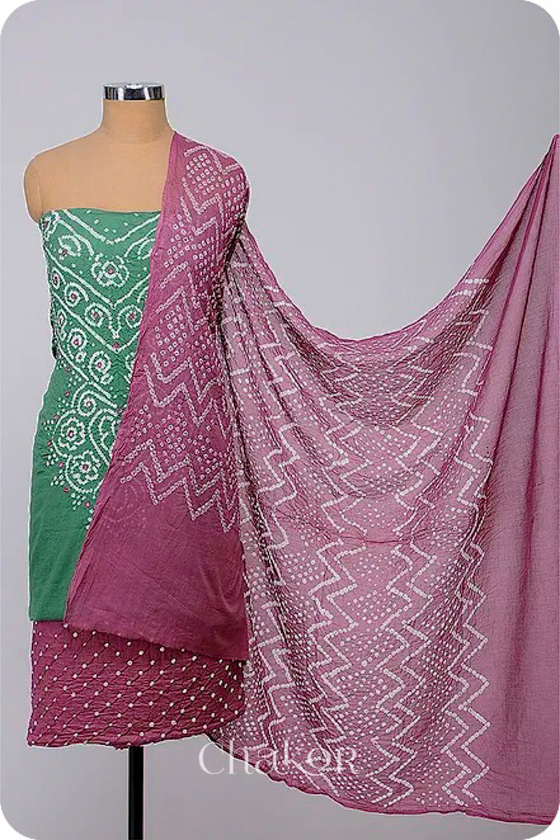 Chakor's Moss Green & Plum Pink Bandhani Cotton embroidered Kurta Fabric With Dupatta. 