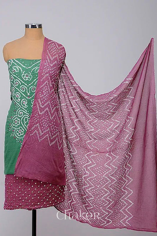 Chakor's Moss Green & Plum Pink Bandhani Cotton embroidered Kurta Fabric With Dupatta. 